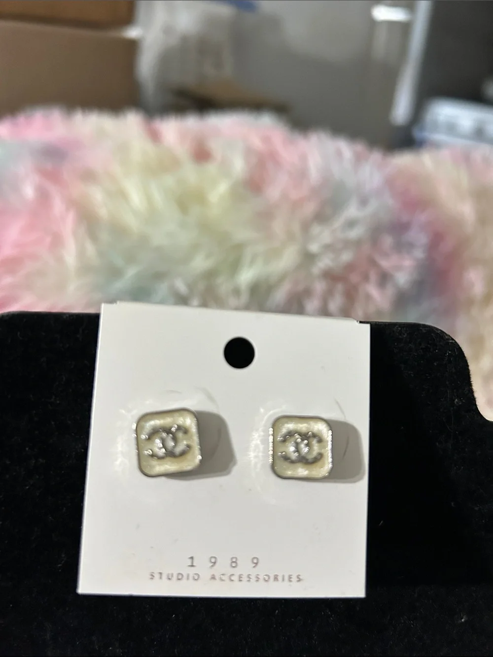 Pearl-Tone Square Logo Stud Earrings